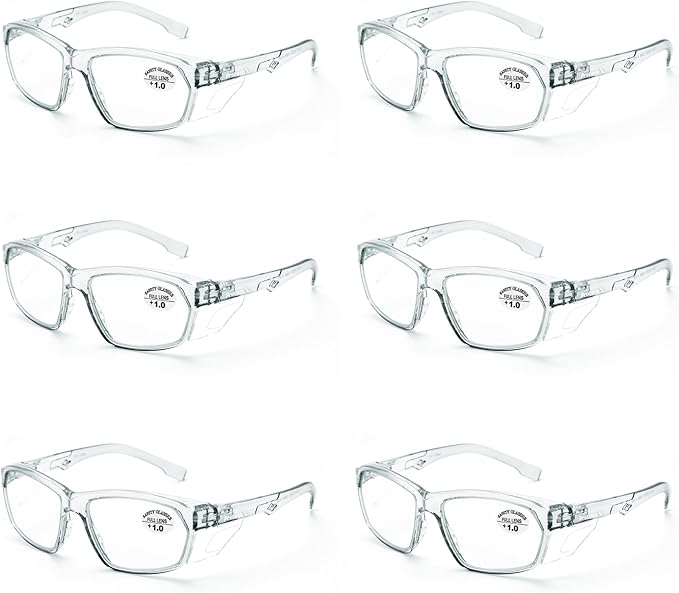 ProtectX Stylish Anti-Fog & Scratch-Resistant Safety Glasses With Readers, UV Protection Goggles, Anti-Impact Lightweight Glasses for Men＆Women Charcoal Reading 1.0-6 Pack