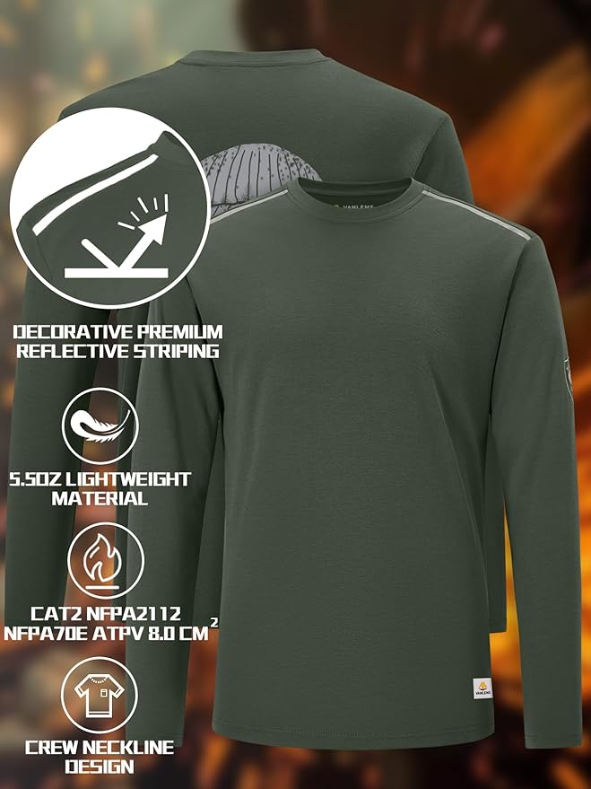 Men's Green Large Regular Fit 5.5oz 100% Cotton Long Sleeve FR Shirt for Work & Outdoor Activities