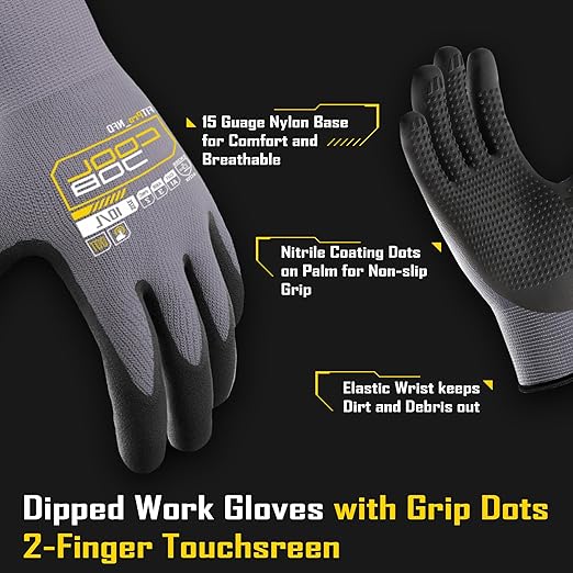 COOLJOB 12 Pairs Nitrile Rubber Dipped Safety Work Gloves with Grip Dots, Seamless Knit Nylon Gloves with 2 Fingers Touchscreen, Non-slip Coated for Warehouse, Home Improvement, Yard, Grey Large