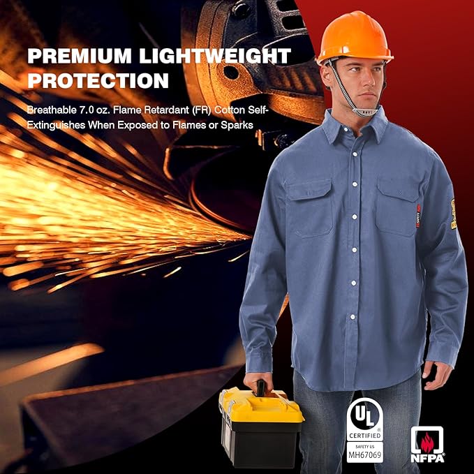SKSAFETY 7oz FR Shirts for Men, Welding Shirt Hi Vis Flame Resistant 100% Cotton Fire Retardant Longsleeve Shirt CAT2/NFPA