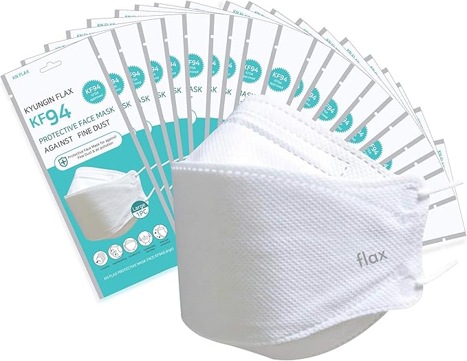 [20Packs] KF-94 - Face Protective Mask for Adult (White) [Made in Korea] [20 Individually Packaged] KN FLAX Premium KF-94 Certified Face Safety White Dust Mask for Adult [English Packing]
