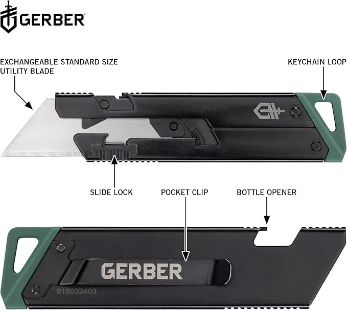 Gerber Gear EAB Slim Compact Utility Knife, Clips to Pocket or Keychain with Replaceable Blade with Bottle Opener for Everyday Carry, EDC Gear with Box Cutter Retractable, Black