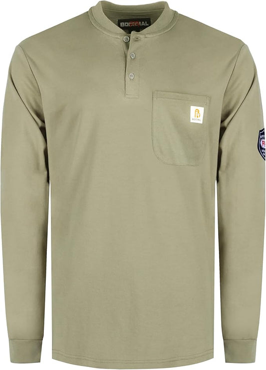 BOCOMAL FR Shirts Henley 7oz Midweight Fire Resistant Clothing NFPA2112 CAT2 Men's Flame Retardant Work Shirt