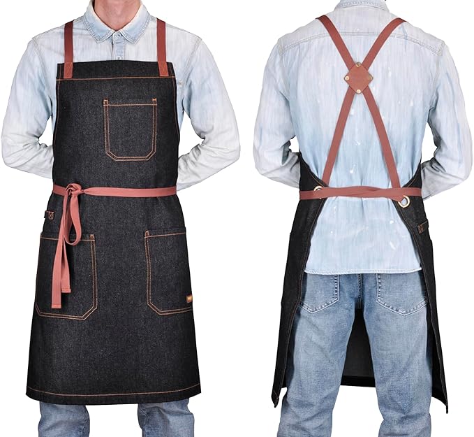 Denim Chef Apron with Pockets, Mens Womens Professional Kitchen Bib Black Apron for Cooking Grill BBQ Server, with Cross Back Straps and Towel Loop