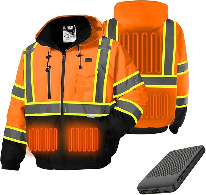 SKSAFETY Heated Safety Bomber Jacket, Class 3 Hi-Vis Waterproof Coat, 3M Reflective Tape, Work Construction Coats