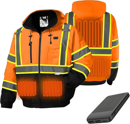 SKSAFETY Heated Safety Bomber Jacket, Class 3 Hi-Vis Waterproof Coat, 3M Reflective Tape, Work Construction Coats