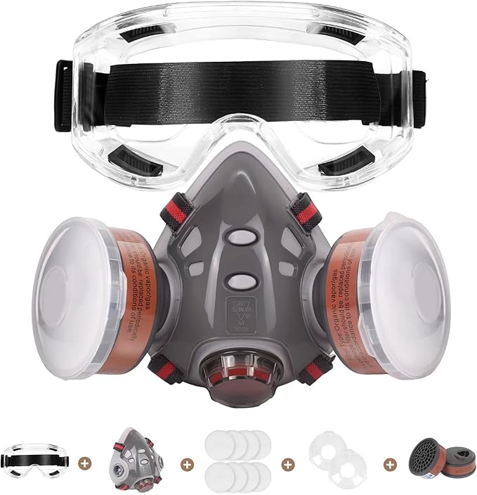 Reusable Respirator Mask with Filters - Chemical Gas Dust Masks w/Goggles for Painting Spraying Sanding Welding Woodworking (308)