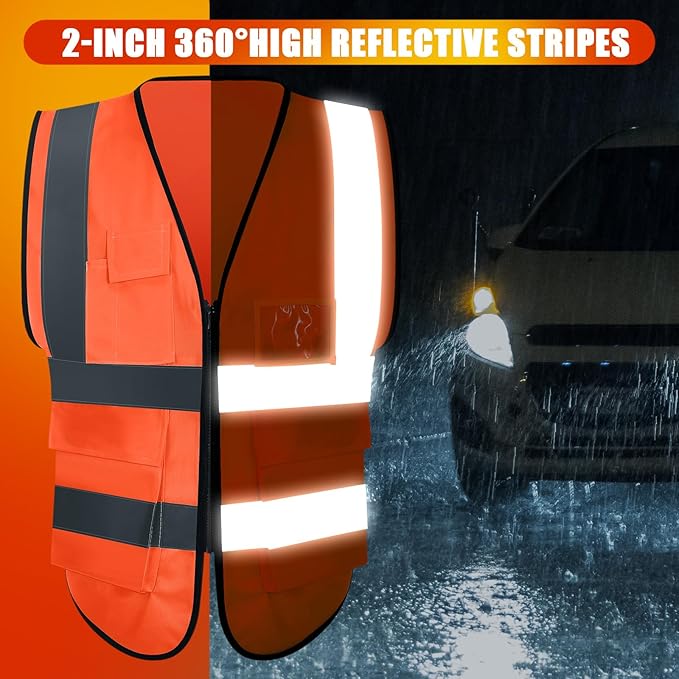15 Pack Reflective Safety Vests with Pockets and Zipper Construction Work High Visibility Vest for Men Women(X-Large,Orange Red)