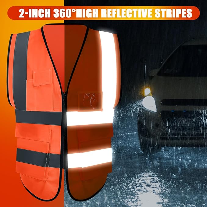 15 Pack Reflective Safety Vests with Pockets and Zipper Construction Work High Visibility Vest for Men Women(Medium,Orange Red)