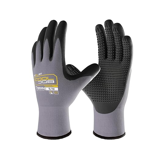 COOLJOB 12 Pairs Nitrile Rubber Coated Nylon Safety Work Gloves Pack Bulk, Dotted for Non-Slip Grip, Breathable Soft Seamless Knit Nitrile Dipped Gloves for Warehouse, Home Improvement, Yard, Small