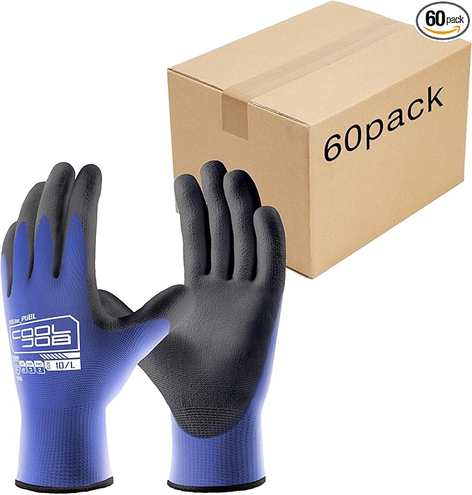 COOLJOB 60 Pairs Safety Work Gloves Pack Bulk with Grip PU Coating, 13 Gauge Seamless Knit Gloves with Polyurethane Dipped for Warehouse Working, Breathable Lightweight for Men Women, Blue Medium