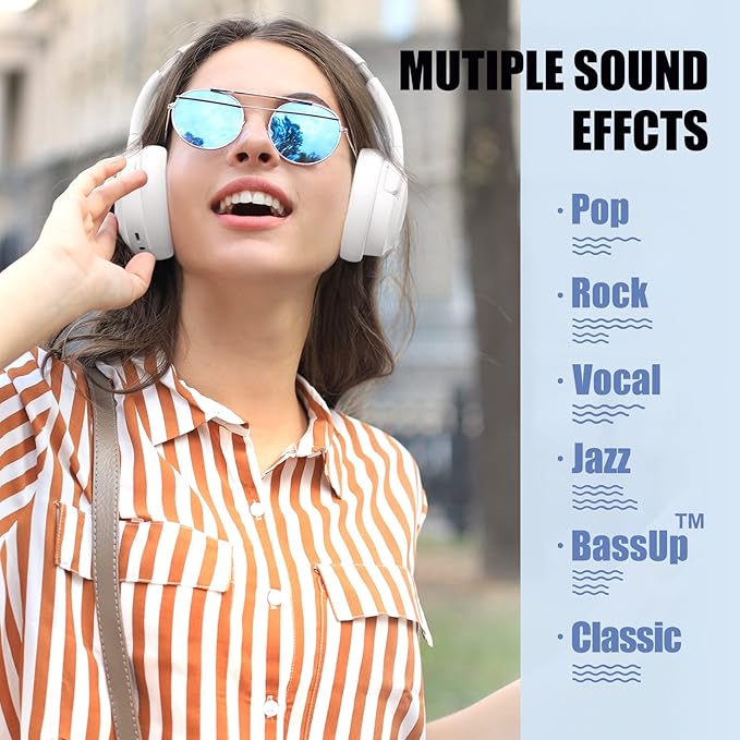 BERIBES Bluetooth Headphones Over Ear, 65H Playtime and 6 EQ Music Modes Wireless Heaphones with Microphone, HiFi Stereo Foldable Lightweight Headset (White)