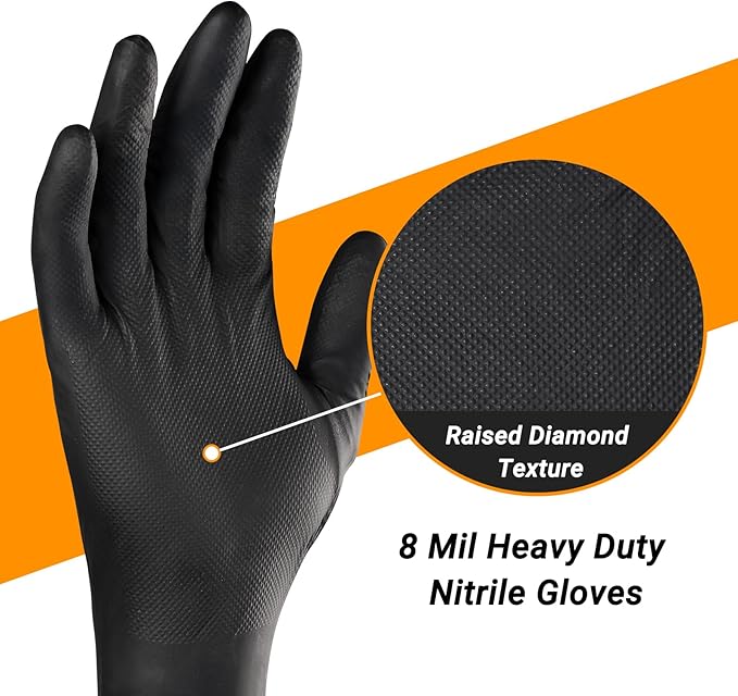 8 Mil Thick XL Nitrile Gloves for Men & Women, Latex Free Chemical Resistant Disposable Heavy Duty Work Gloves for Men & Women Cooking, Cleaning, Camping Essentials, Black