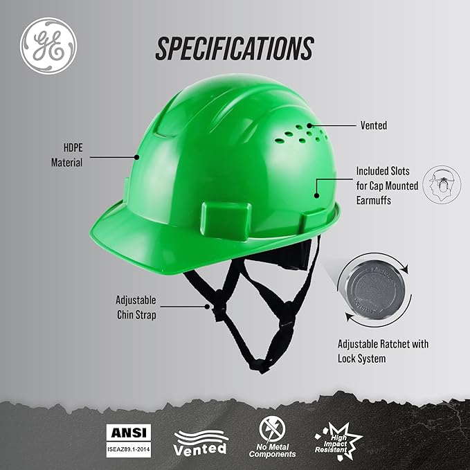 GE Safety Helmet Vented, Hard Hat Style, One Size with Earmuff Slots, Includes 4-Point Ratchet System, Meets ANSI ISEAZ89.1-2014, Green, Model # GH326N