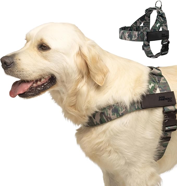 DF Co. Dog Harness | Chafe Resistant Webbing, Adjustable Neck & Chest, and Heavy Duty D-Ring | Sturdy, Comfortable, Easy to Use | Green Camo, Size L