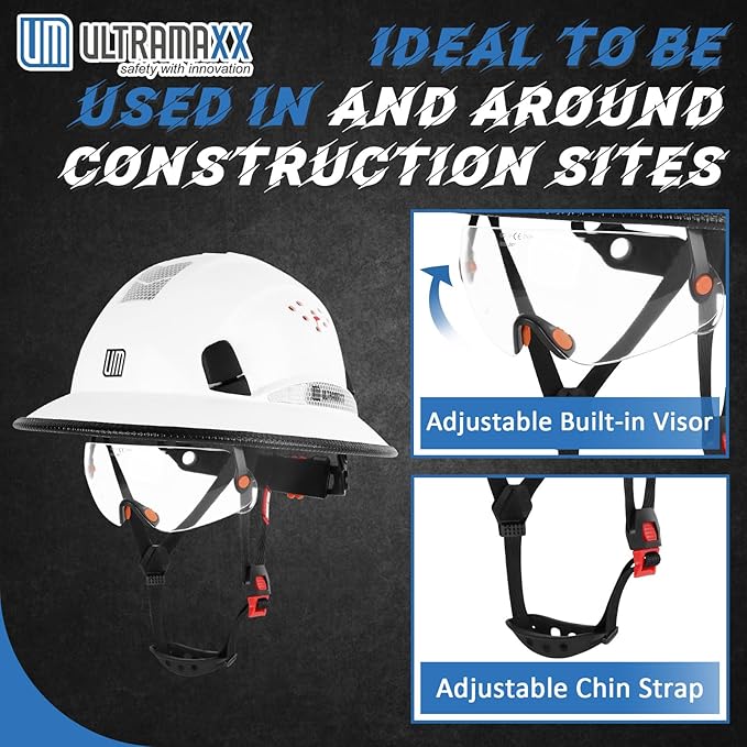 Full Brim Hard Hat with Built-in Visor, ANSI Z89.1 OSHA Approved Construction Safety Helmet with Chin Strap for Men Women