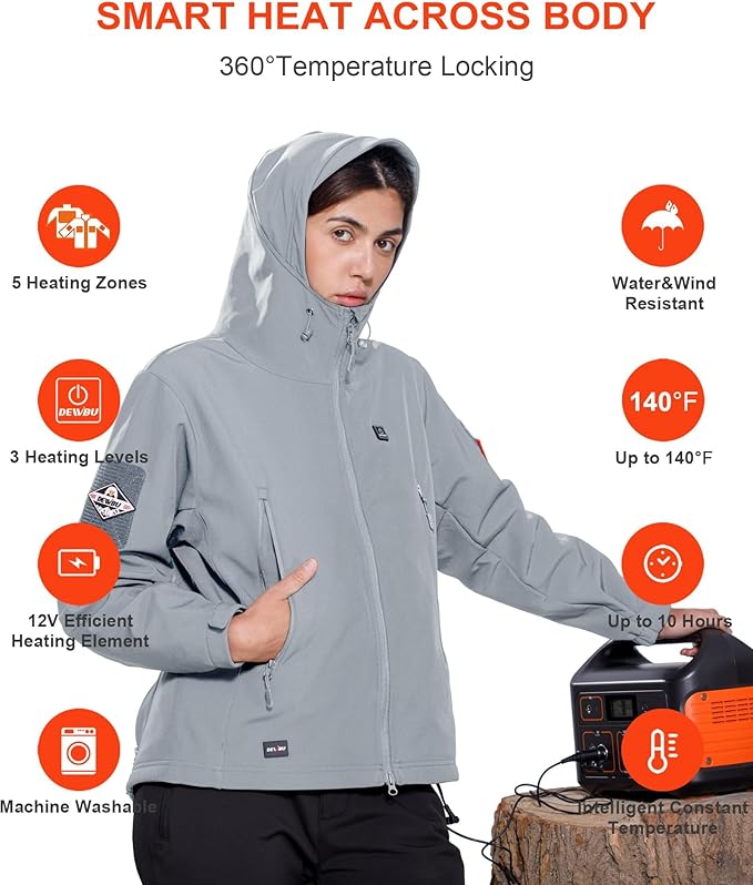 DEWBU Heated Jacket for Women with 12V Battery Pack Winter Outdoor Soft Shell Electric Heating Coat