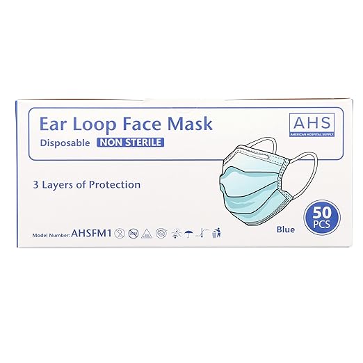(AHS) Earloop Face Masks Disposable Blue | Adult Face Covering | 3 Ply Disposable Face Masks Bulk 2000 | 40 Boxes 50pcs/Box