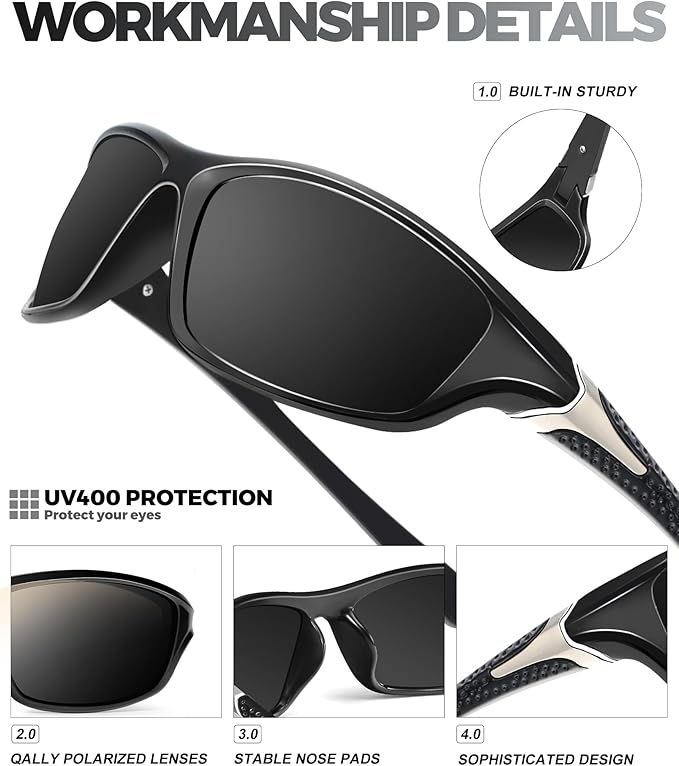 Polarized-Sunglasses-Men Sports Mens-Sunglasses: Sun-Glasses with UV400 Protection for Driving Golf Fishing Running