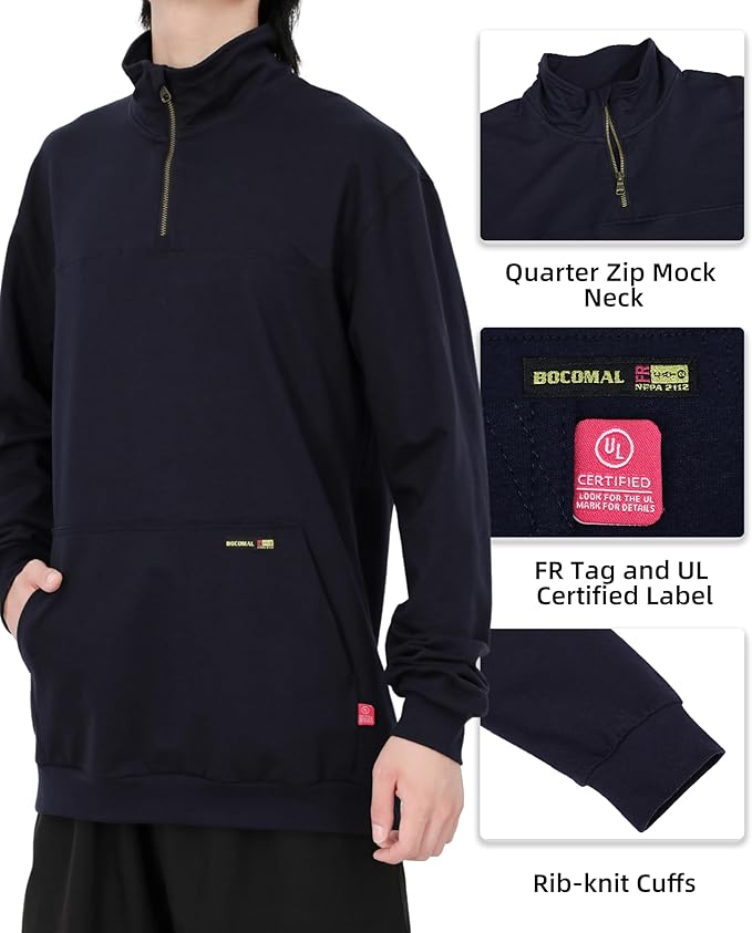 BOCOMAL FR Sweatshirts Midweight Non-Fleece Mock Neck 1/4 Quarter Zipper Water/Stain Repellent Fire Resistant Shirts