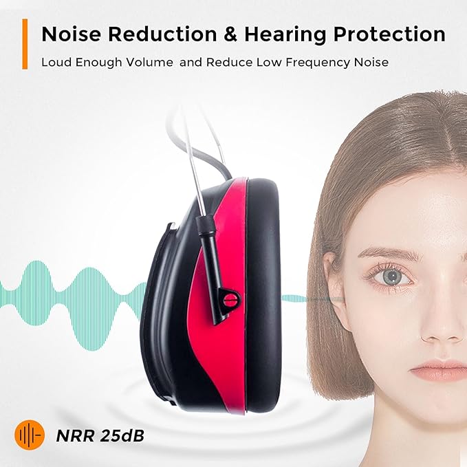 AM/FM Bluetooth Radio Headphones 25dB NRR,Noise Reduction Safety Earmuffs,Digital Display Headset,Built-in Mic,Rechargetable Ear Hearing Protection for Walkman Mowing,Lawn,Work(Red)