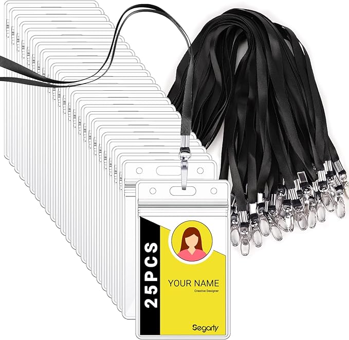 Segarty Lanyards with ID Holder, 25 Pack Vertical Clear Plastic Badge Name Tags Key Card Holders, Black Strap Clips Waterproof Ziplock Nametag Protector for Women, Business, Student, School, Office