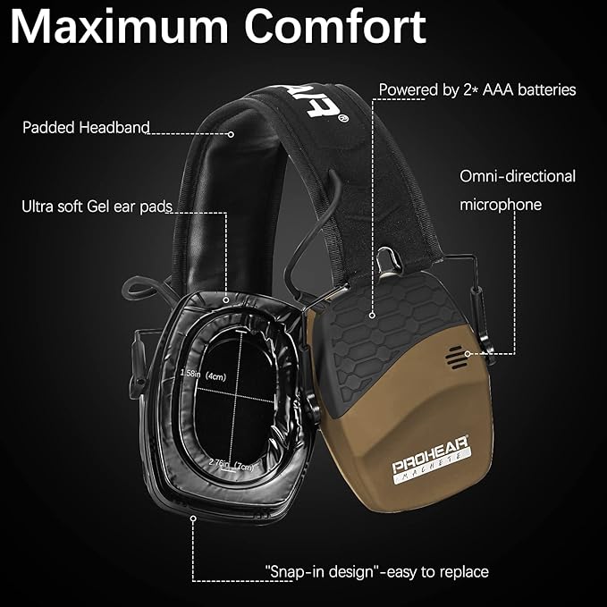 PROHEAR 030 Upgraded Bluetooth Electronic Shooting Hearing Protection Muffs with GEP02 Gel Ear Pads, Noise Reduction Sound Amplification Headsets for Range, Gifts for Women Man - Brown