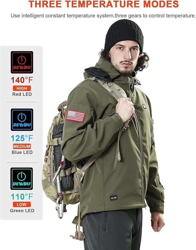 DEWBU Heated Jacket for Men with 12V Battery Pack Winter Outdoor Soft Shell Electric Heating Coat