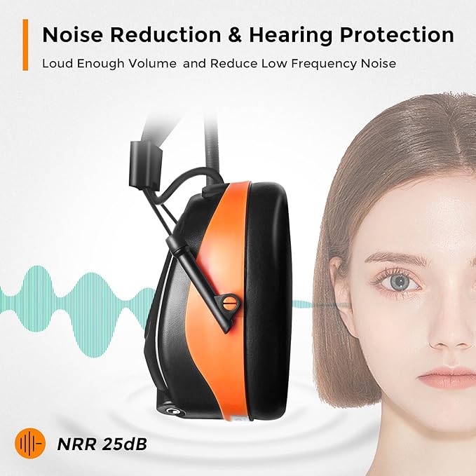AM/FM Bluetooth Radio Headphones 25dB NRR,Noise Reduction Safety Earmuffs,Digital Display Headset,Built-in Mic,Rechargetable Ear Hearing Protection for Walkman Mowing,Lawn,Work(Orange)