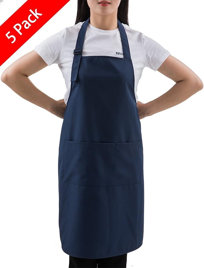 (5 set Navy Professional Resist Water Adjustable Extra Long Bib Apron 3 Pockets Home Kitchen Garden Restaurant Cafe Bar Pub Bakery for Cooking Chef Baker Servers Craft Unisex
