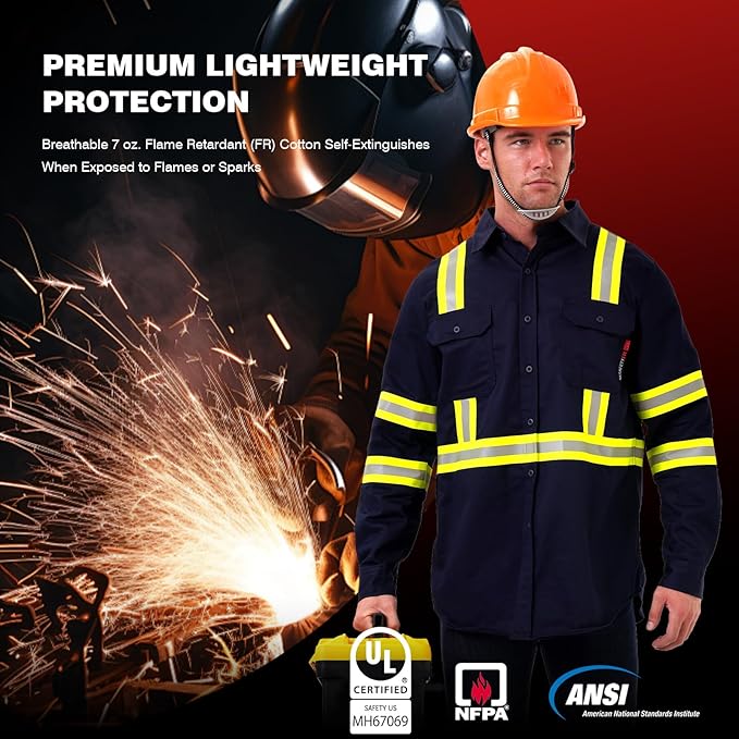 SKSAFETY 7oz FR Shirts for Men, Welding Shirt Hi Vis Flame Resistant 100% Cotton Fire Retardant Longsleeve Shirt CAT2/NFPA