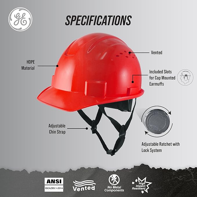 GE Safety Helmet Vented, Hard Hat Style, One Size with Earmuff Slots, Includes 4-Point Ratchet System, Meets ANSI ISEAZ89.1-2014 Standards, RED, Model # GH326R