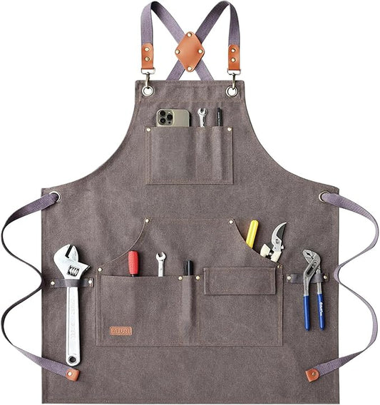 AFUN Work Aprons for Men with Large Pockets, Cotton Canvas Cross Back Heavy Duty Adjustable Tool Apron, Size M to XXL (Grey)