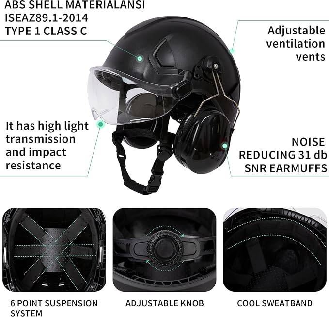 SRSAFETY Full Brim Hard Hat Carbon Fiber Design 6 Point Adjustable Ratchet Suspension OSHA Approved ABS Work Helmet for Men&Women ANSI Z89.1 Type I Class C