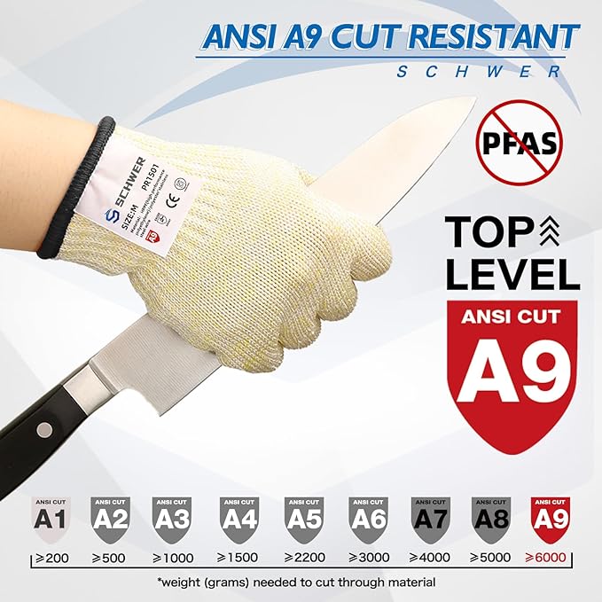 Schwer SlicePro Ultra-Durable ANSI A9 Cut Resistant Gloves PR1501, 10X Reinforced Food Grade Cutting Glove, Mandoline Gloves for Kitchen Meat Cutting, Oyster Shucking, Fish Fillet Processing, S