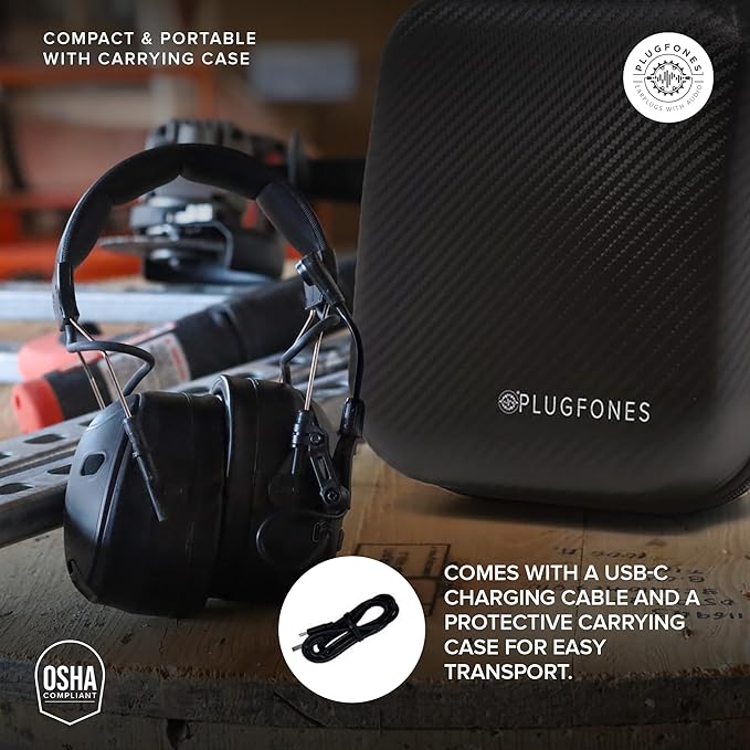 Plugfones Mercenary Tactical Bluetooth Headset – Bluetooth Earmuffs Hearing Protection - Noise Reduction 24dB, Gel Cooling Ear Pads, Boom Mic, 5-Level Ambient Sound, 60-Hr of Power & USB-C Charging