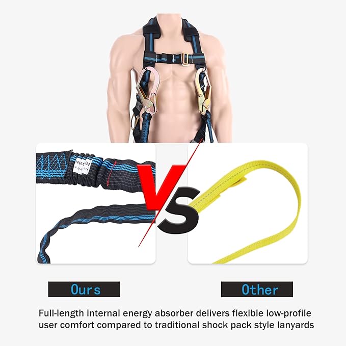 6FT Double Leg Safety Harness Lanyard, Abrasion Resistant Internal Shock Absorbing Fall Protection Lanyard with Dual Rebar & Snap Hook, OSHA/ANSI Compliant, Construction Arborist Roofing