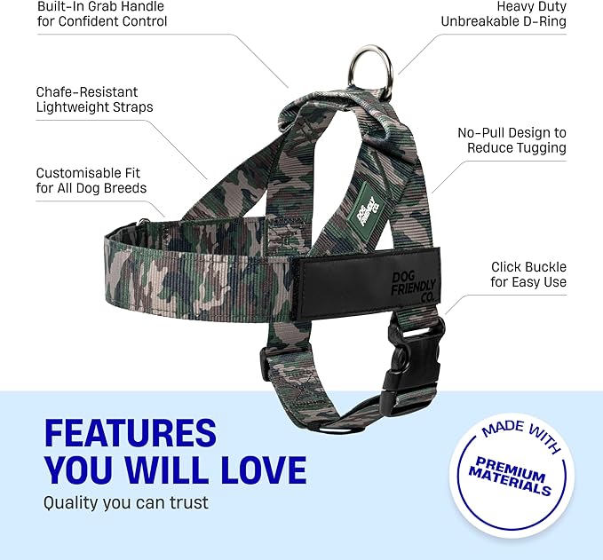 DF Co. Dog Harness | Chafe Resistant Webbing, Adjustable Neck & Chest, and Heavy Duty D-Ring | Sturdy, Comfortable, Easy to Use | Green Camo, Size XL