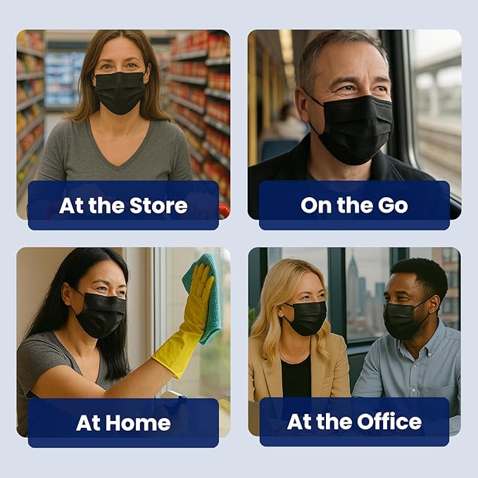 MAGICARE Masks Made in USA - Black Face Masks, Disposable - Adult 3 Ply Black Mask - Soft, Breathable (50/Box)