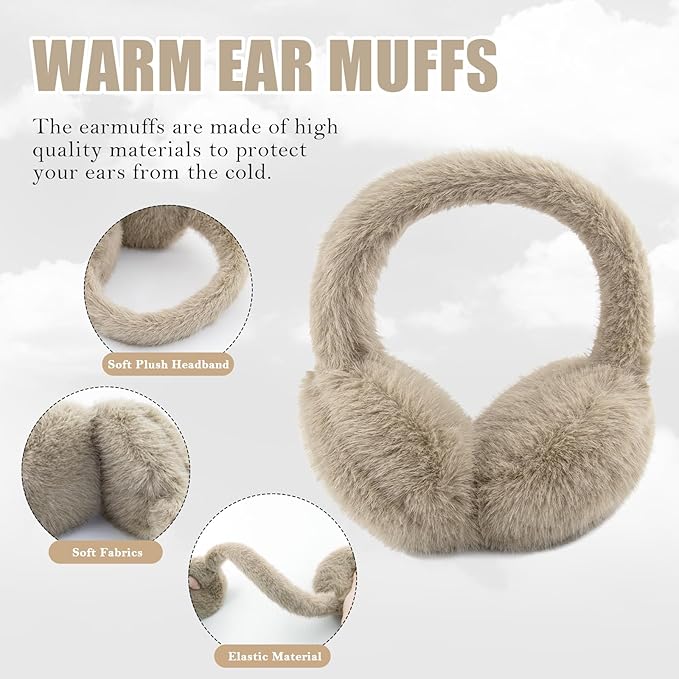 Winter Ear Muffs for Women Girls Faux Fur Cute White Earmuffs Fluffy Ear Warmers Foldable Ear Covers Outdoor