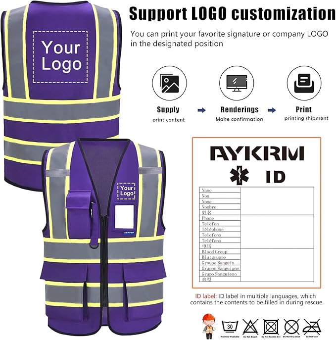 AYKRM 11 color High Vis Reflective Safety Vest for Women Men Security Pocket Zipper