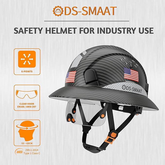Full Brim Hard Hat with Visor, 6-Point Ratchet Suspension Safety Helmet, Superior Impact Head Protection, ANSI Z89.1 OSHA Approved Safety Helmet,Great for Men&Women