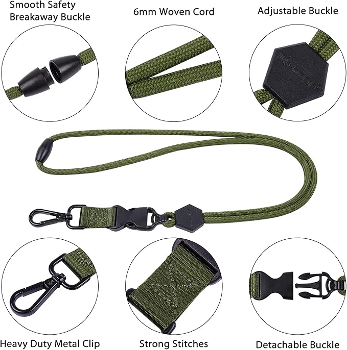 Wisdompro 2 Pack of 23 inch Durable Round Cord Heavy Duty Lanyard with Safety Breakaway Buckle, Detachable Buckle and Metal Hook for ID Card Badge Holder and Keys - Blue and Army Green