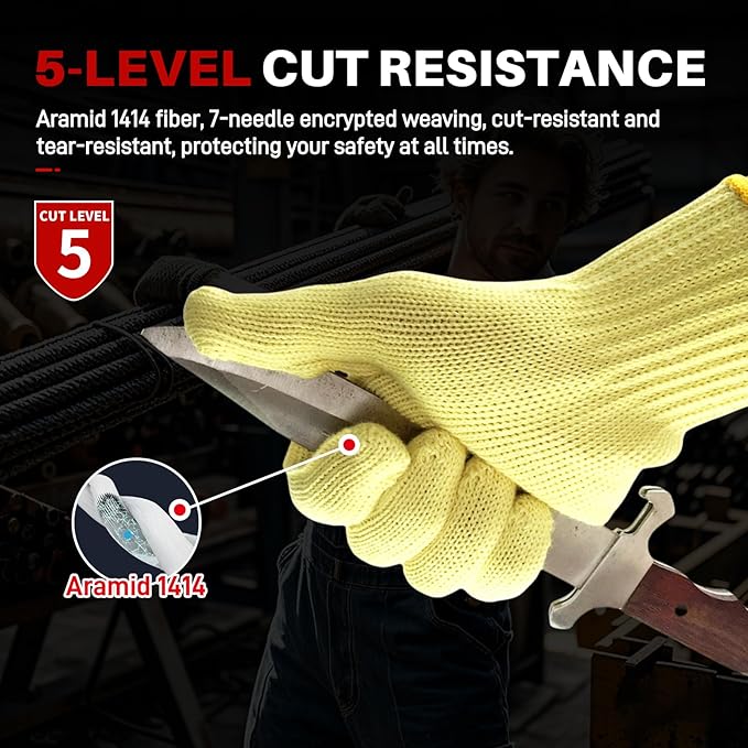Heat Cut Resistant Gloves,Aramid Oven Gloves with Fingers,Heat Resistant Up to 450°F, Thick Knit Design,Machine Washable - Grill Mitts for Men & Women(Aramid, Medium)