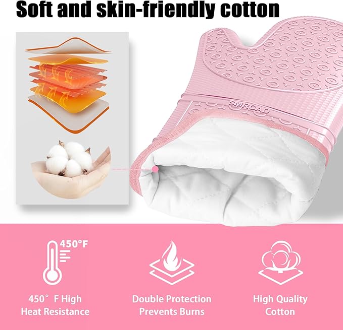 Oven Mitts with Heat-Resistant Hot Pads and Five Silicone Spatulas Designed for Kitchen Baking Cooking, Oven Glove Soft Cotton Lining, Waterproof, BPA-Free (Pink, 15.7)