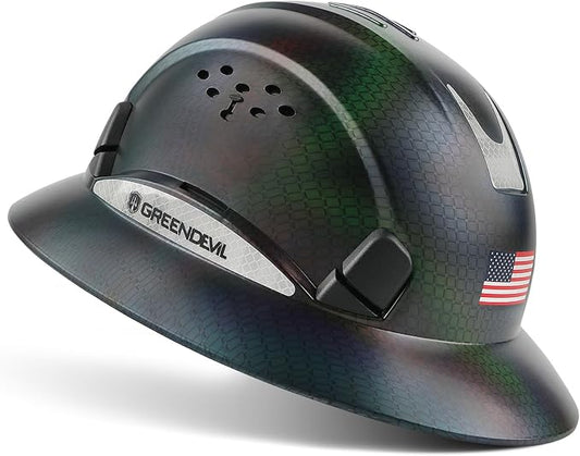 GREEN DEVIL Full Brim Hard Hat Vented Construction Safety Helmet OSHA Approved Cascos De Construccion ABS Work Hardhat for Men&Women 6 Point Adjustable Ratchet Suspension Custom Pattern Design