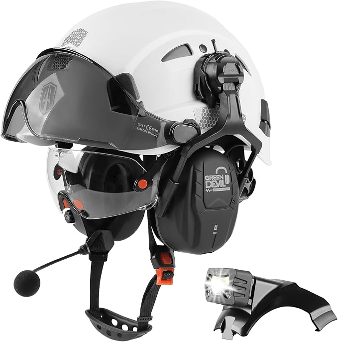 GREEN DEVIL Hard Hat Safety Helmet with Visor Bluetooth Ear Muffs and Headlamp 5 in 1 Full Protection Vented Work Hardhat ANSI Z89.1 Cascos De Construccion for Industrial Construction Forestry