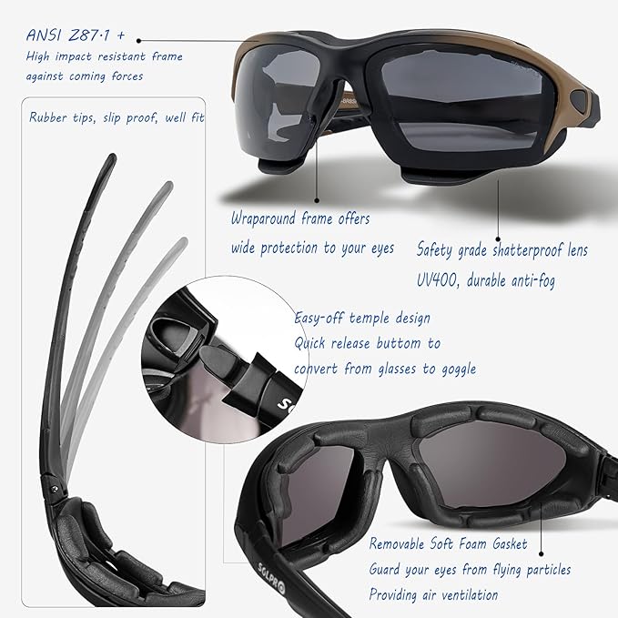 Powersports Glasses Safety Motorcycle Goggle, Anti-fog, Wrap around, Windproof, Hunting, Riding, Mowing,Men and Women