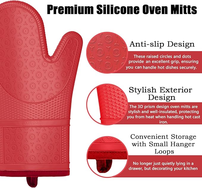 Oven Mitts with Heat-Resistant Hot Pads and Five Silicone Spatulas Designed for Kitchen Baking Cooking, Oven Glove Soft Cotton Lining, Waterproof, BPA-Free (RED, 12.6)