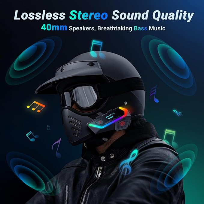 gearelec Motorcycle Helmet Bluetooth Headset V5.2BT【HiFi Stereo Sound】【Screen and RGB Lights】 80Mph Clear Calls Helmet Communication Systems 2000M 6 Riders Intercomunicador para Casco De Moto 2 Pack